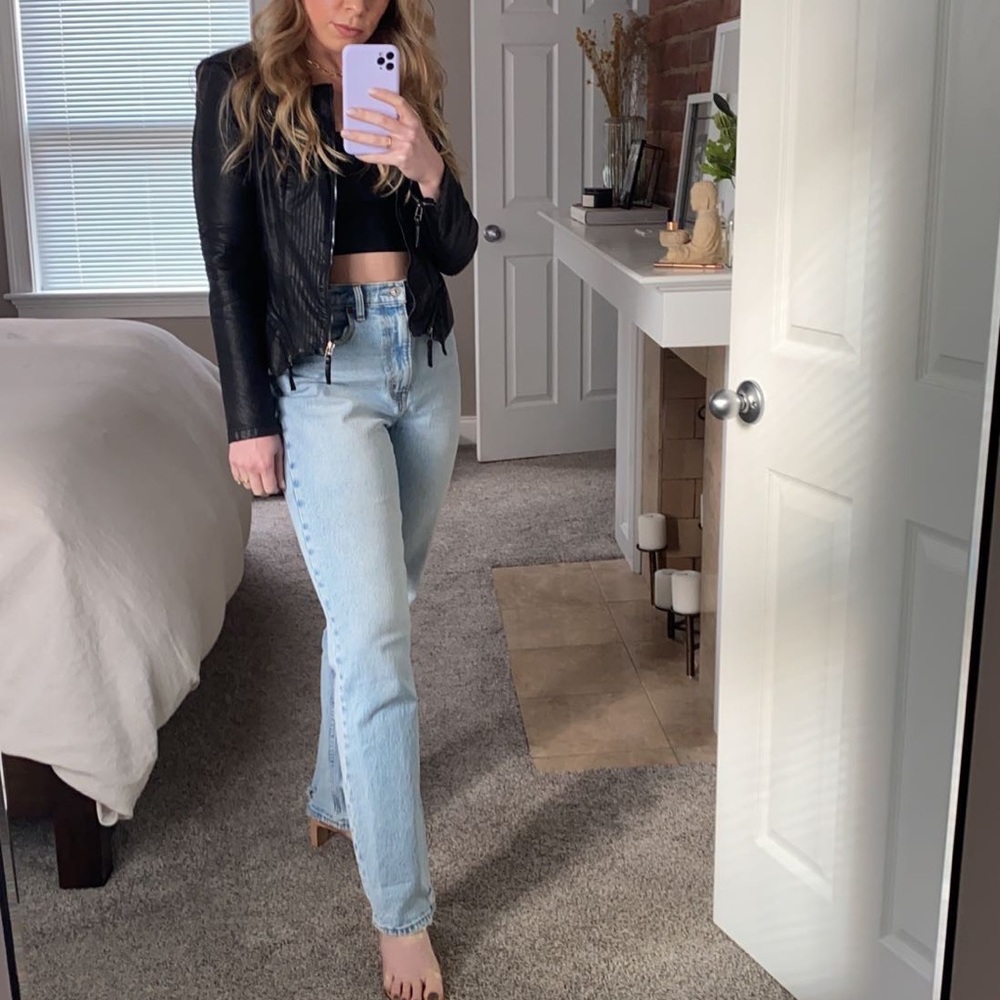 Black Hip Length Faux Leather Jacket